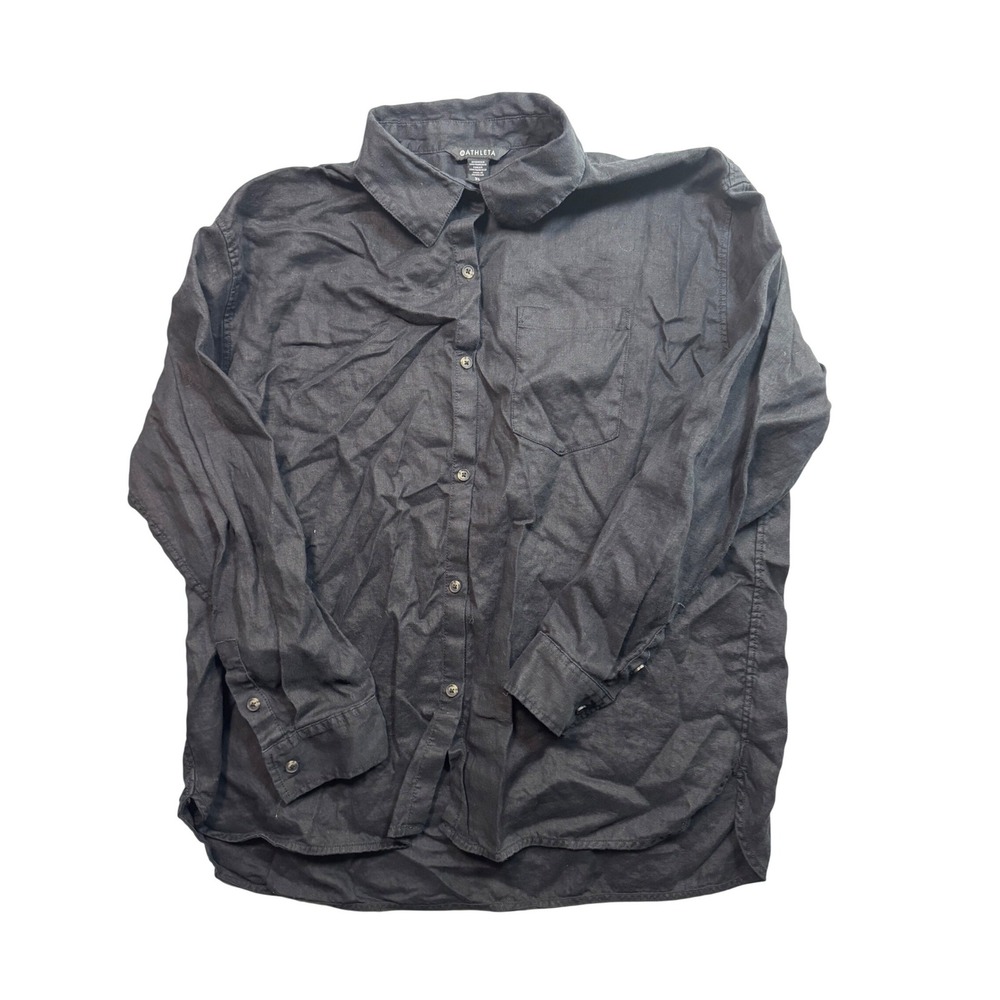 Athleta Womens Black 100% Linen Button Down Shirt Long Sleeve Pocket XL